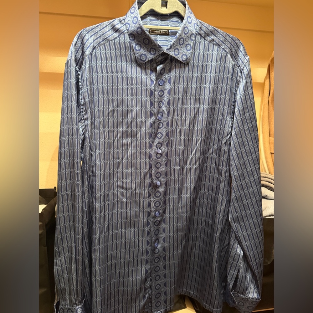 Stefano Ricci Blue Geometric Men's Silk Dress Shirt. Size 17/43